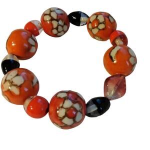 Vintage Stretch Bracelet Millefiori Murano 7” LARGE Glass Beads Orange Floral